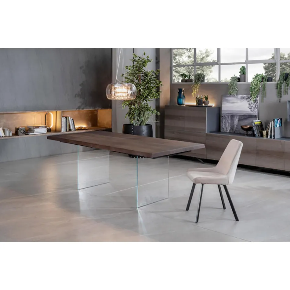Living Room Table in Oak Veneer and Tempered Glass Base - Nicofisso Viadurini