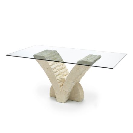 Living Room Table in Tempered Glass and Fossil Stone Base - Vittoria Viadurini