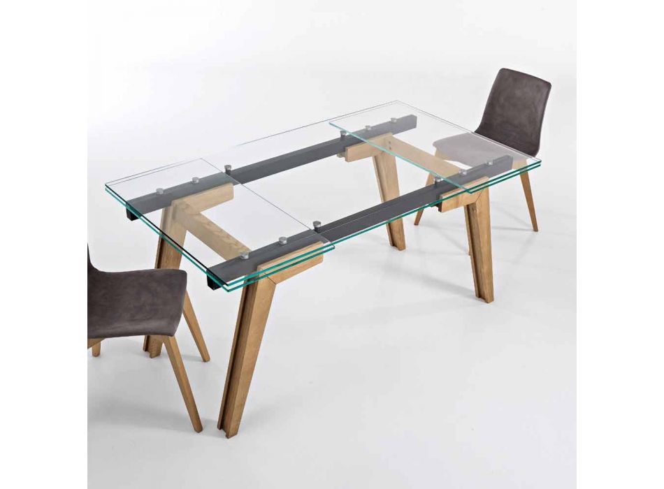 Extendable table made of glass and solid wood made in Italy, Dimitri Viadurini