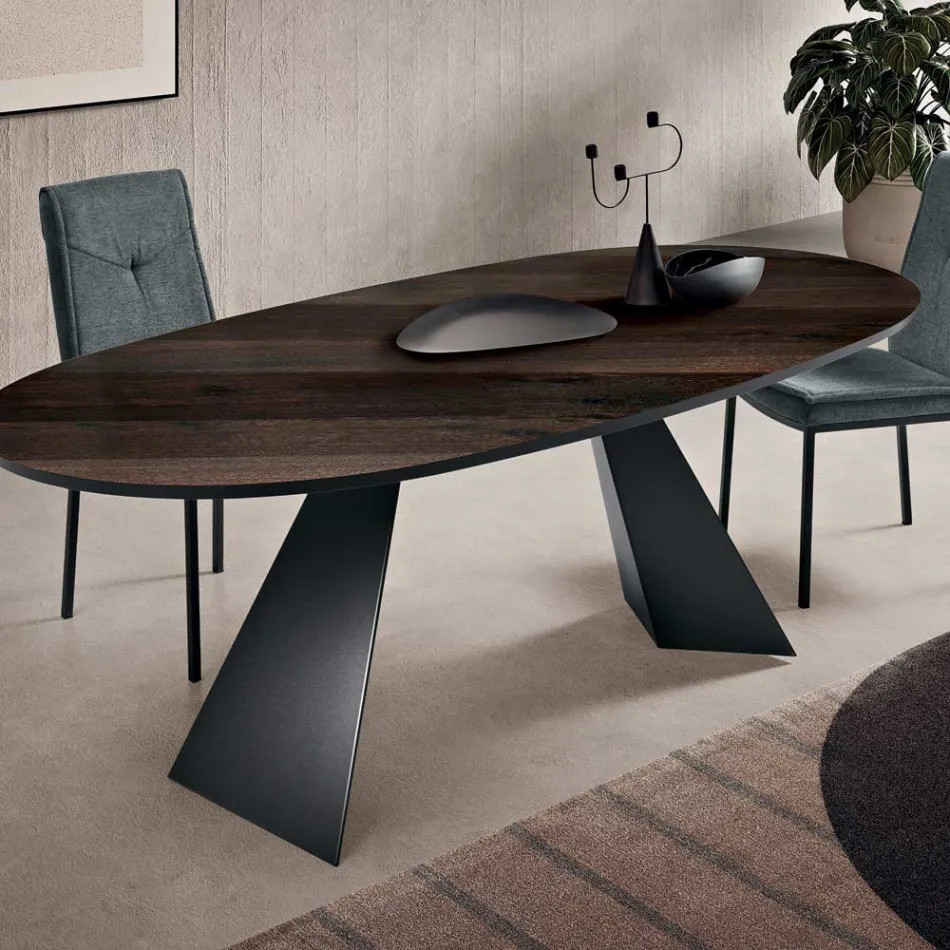 Fixed Table 210x109 cm in Metal and Oval Veneered Oak - Marcello Viadurini