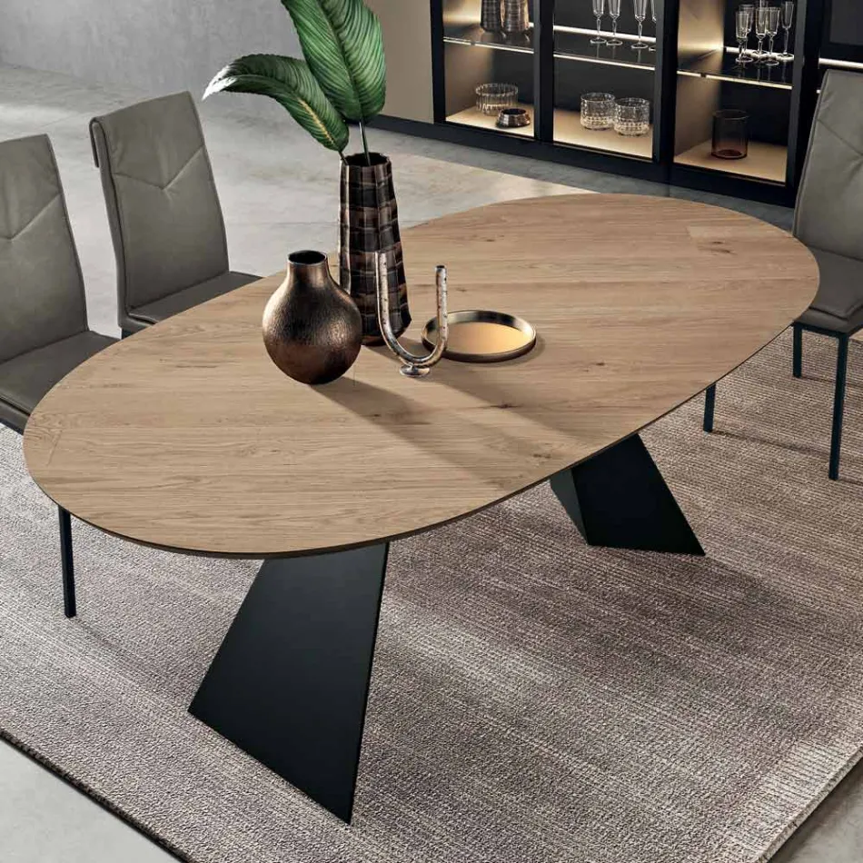 Fixed Table 210x109 cm in Metal and Oval Veneered Oak - Marcello Viadurini