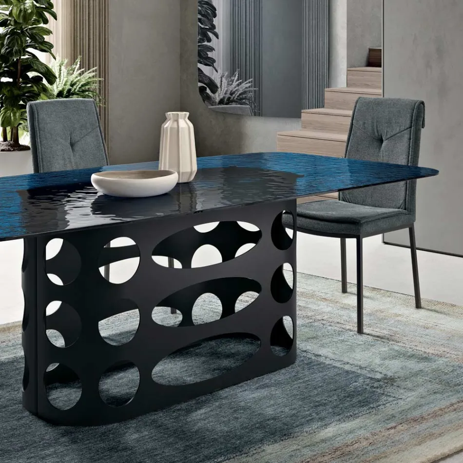 Fixed Table 210x110 cm with Hammered Glass Top Made in Italy - Tano Viadurini