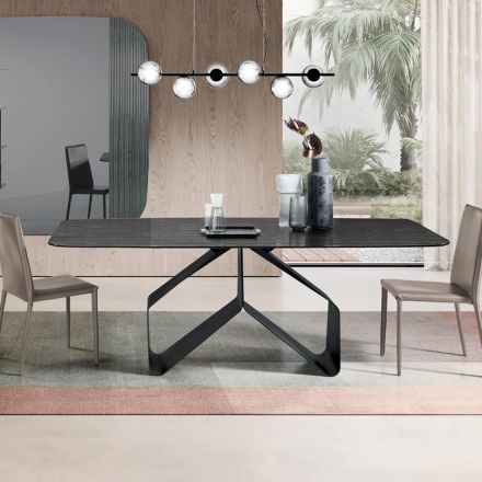 Fixed Table 210x110 cm with Ribbed Glass Top and Metal Base - Adriano Viadurini