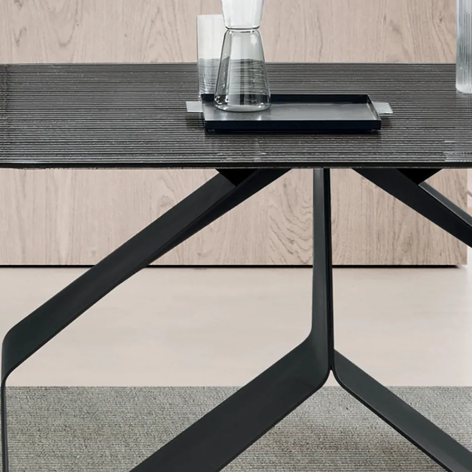 Fixed Table 210x110 cm with Ribbed Glass Top and Metal Base - Adriano Viadurini