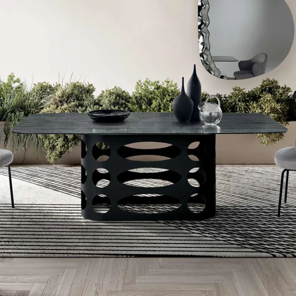 Fixed Table 210x110 cm with Ribbed Glass Top Made in Italy - Tano Viadurini