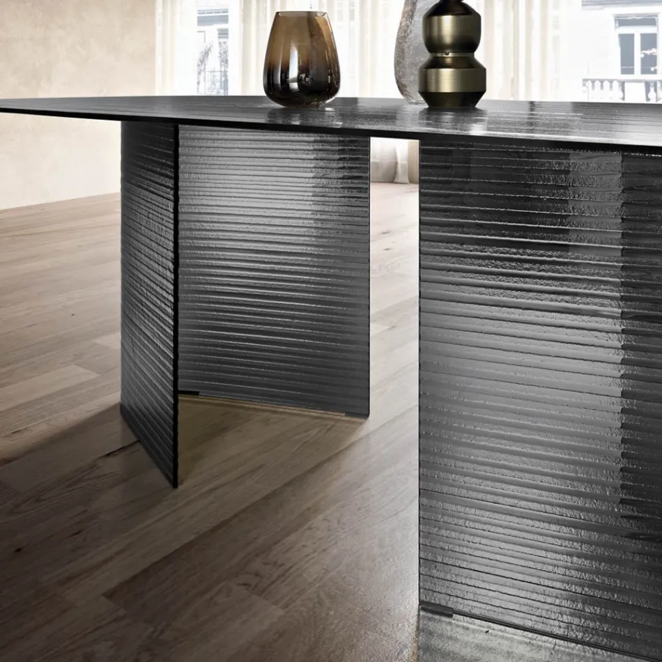 Fixed Table 240x120 cm in Transparent Ribbed Glass Made in Italy - Varo Viadurini