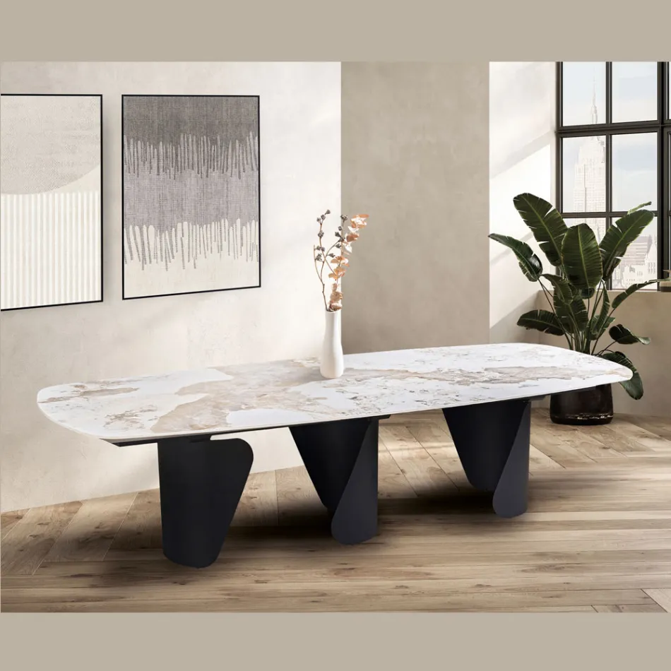 Fixed Table 300x120 cm in Metal and Sintered Stone Top - Valmira Viadurini