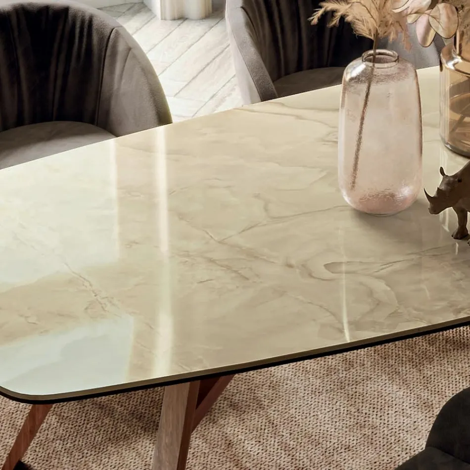 Fixed Barrel-Shaped Table with Canaletto Walnut Ash Base Made in Italy - North Viadurini