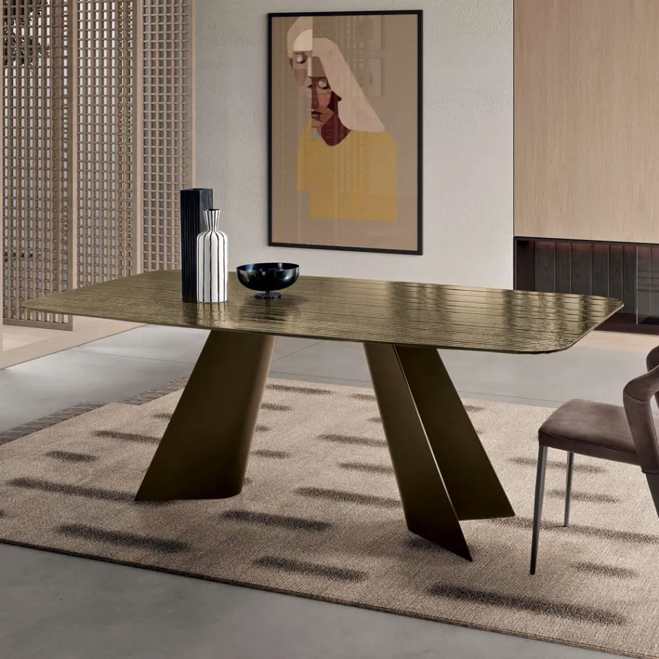 Fixed Table with Metal Base and Ribbed Glass Top Made in Italy - Lumo Viadurini