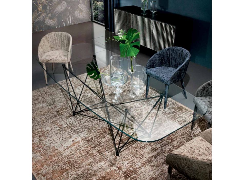 Fixed Table with Barrel-Shaped Glass Top and Steel Base Made in Italy - Ezzellino Viadurini