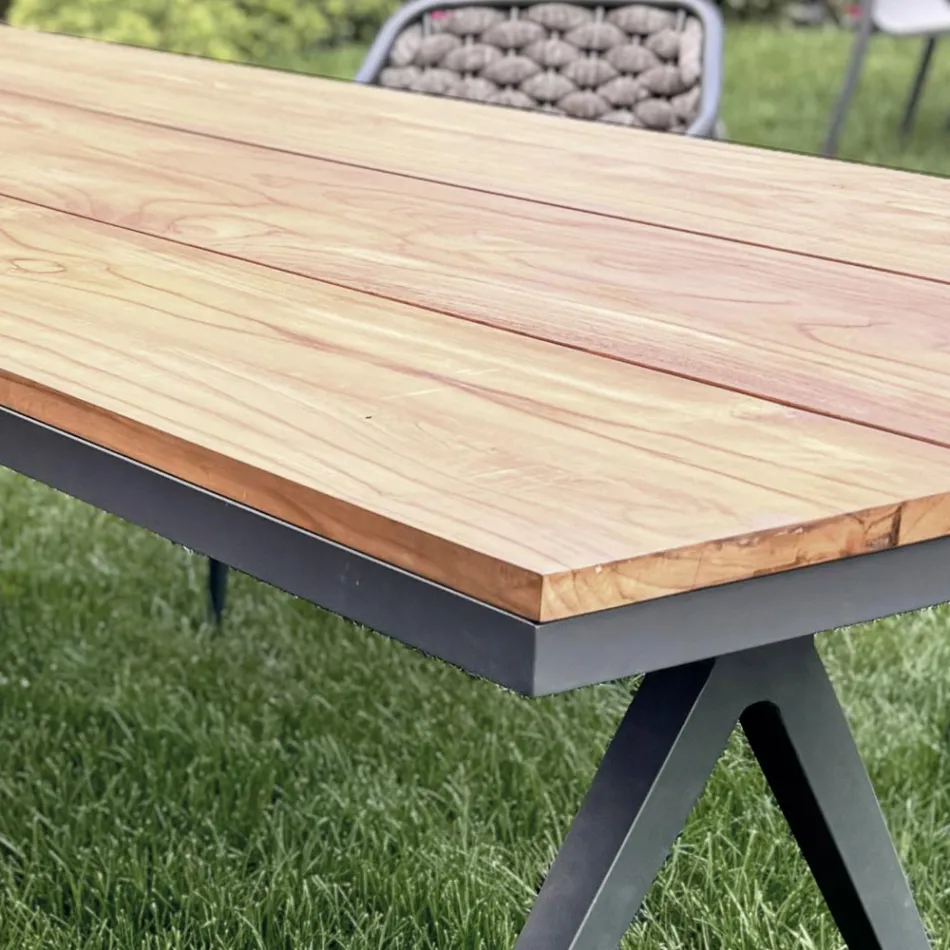 Fixed Outdoor Table 220x100 cm in Aluminum and Solid Teak - Nara Viadurini