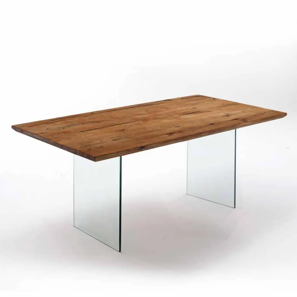 Solid wood table with Tito tempered glass legs Viadurini