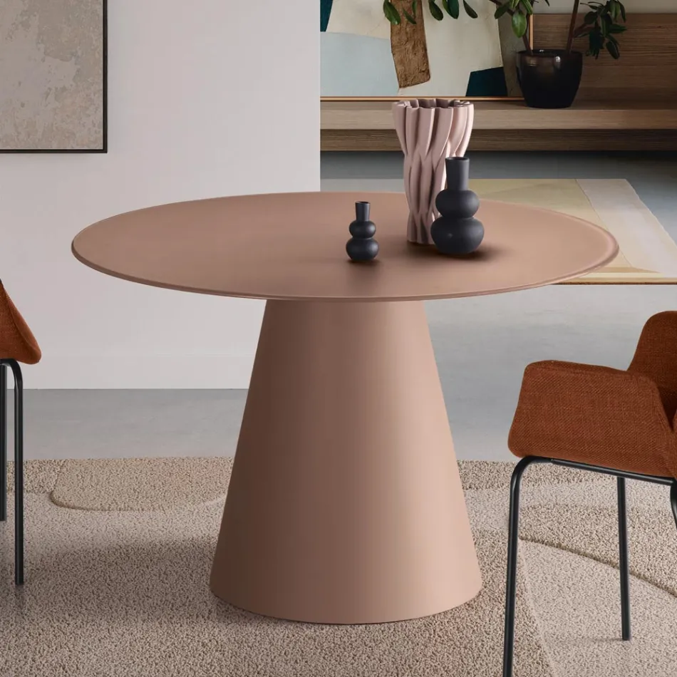 Fixed Round Table for Four People with MDF Base and Opaque Glass - Lumen Viadurini