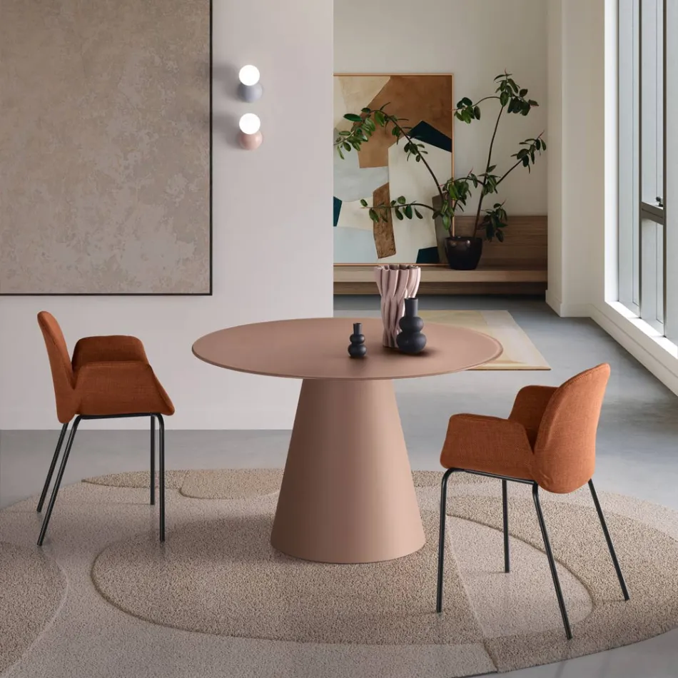 Fixed Round Table for Four People with MDF Base and Opaque Glass - Lumen Viadurini