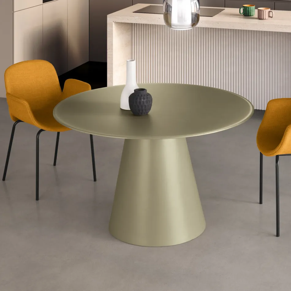 Fixed Round Table for Four People with MDF Base and Opaque Glass - Lumen Viadurini