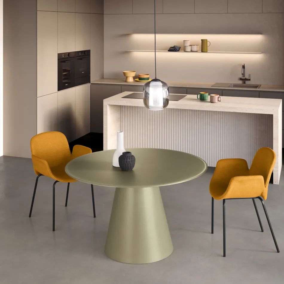 Fixed Round Table for Four People with MDF Base and Opaque Glass - Lumen Viadurini