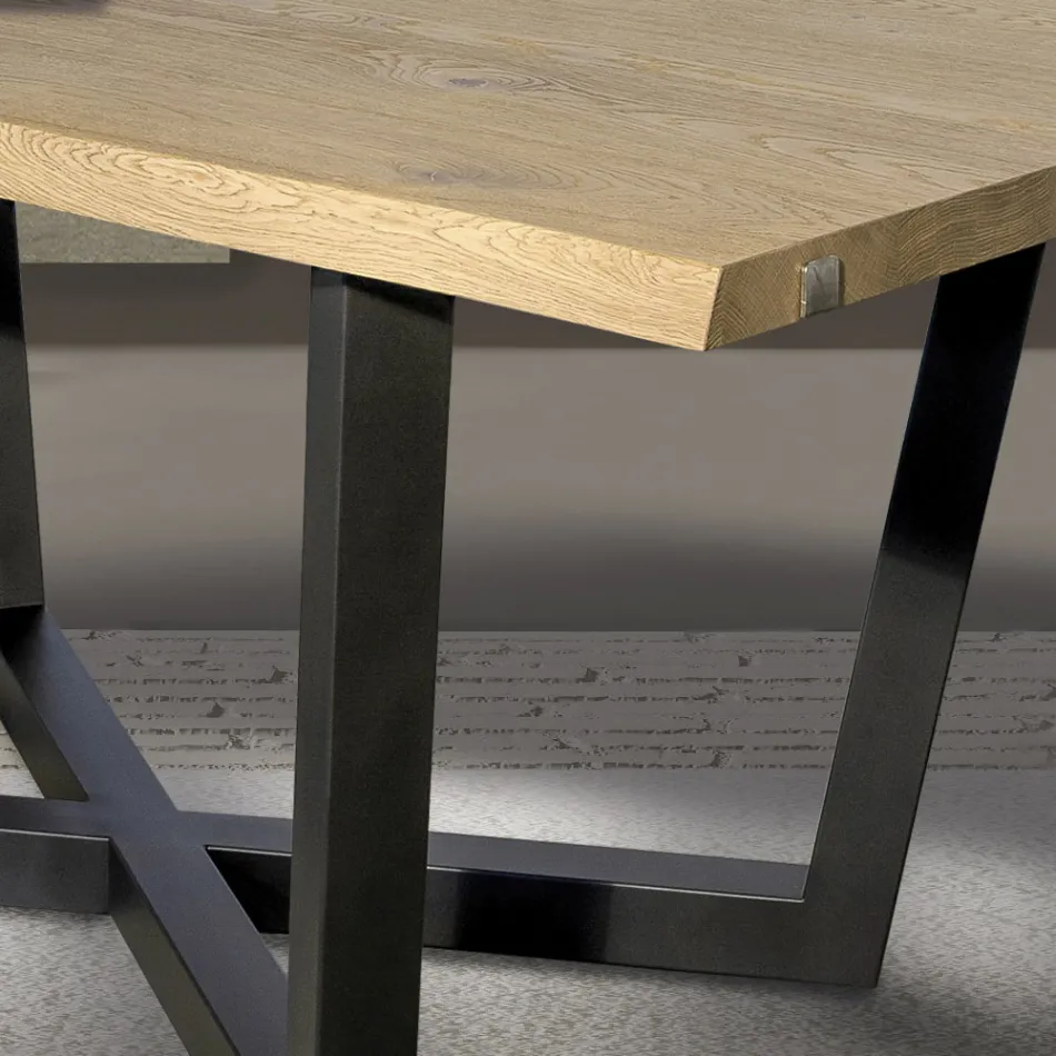 Knotted Oak Table with Iron Gray Metal Base Made in Italy - Gonna Viadurini