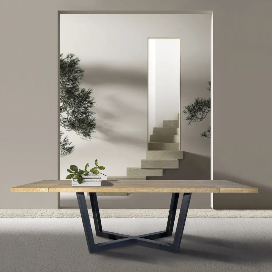 Knotted Oak Table with Iron Gray Metal Base Made in Italy - Gonna Viadurini