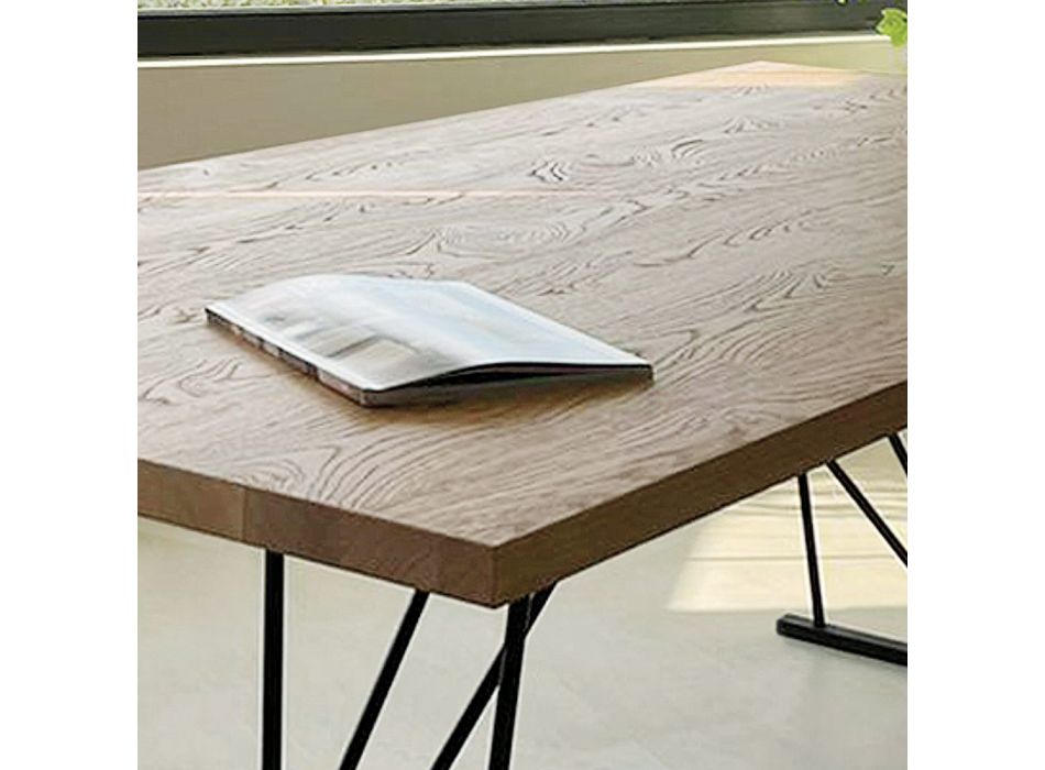 Square Knotted Oak Table and Metal Base Made in Italy - Consuelo Viadurini