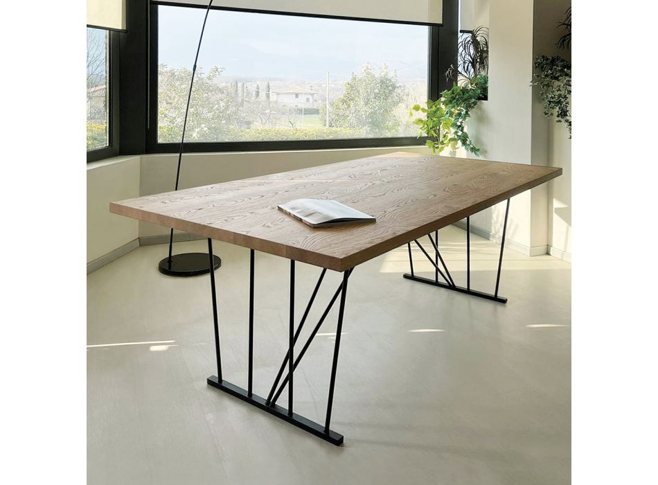 Square Knotted Oak Table and Metal Base Made in Italy - Consuelo Viadurini
