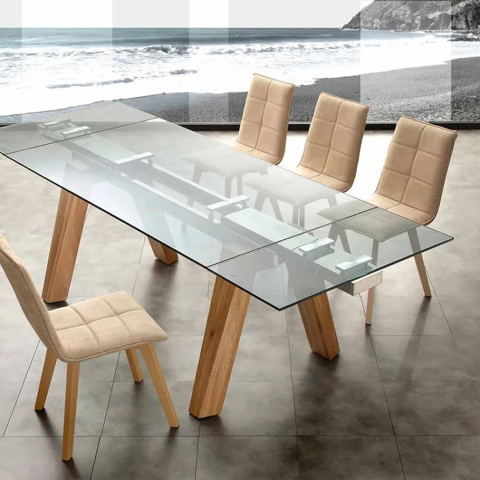 Modern extendable table in glass and natural solid wood Florida Viadurini