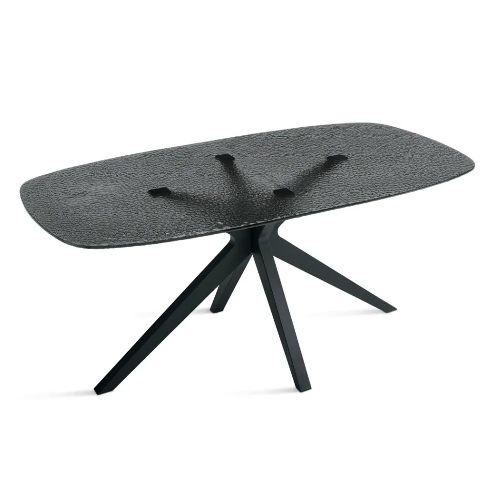 180x100 cm Oval Table in Smoked Hammered Glass and Metal - Domus Viadurini
