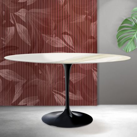Oval Tulip Saarinen Table H 74 cm in Florim Calacatta Gold Matt Ceramic - Scarlet Viadurini