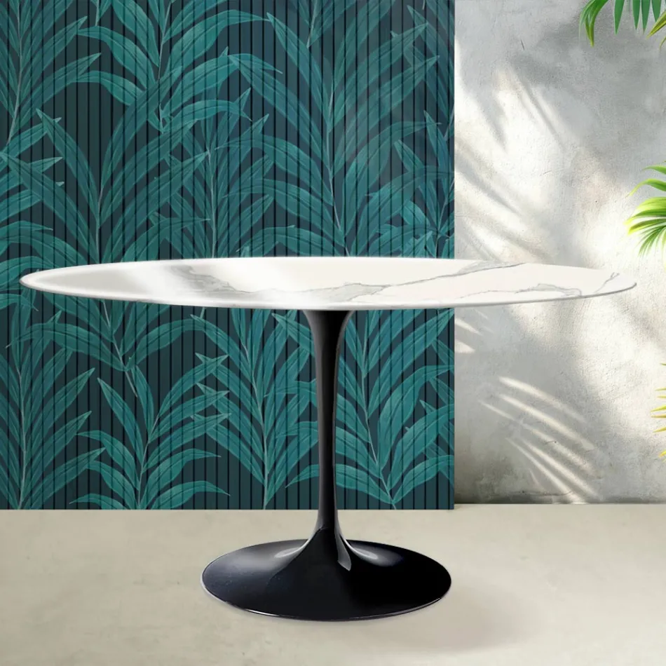Oval Tulip Saarinen Table H 74 cm in Florim Statuario Lucido Ceramic - Scarlet Viadurini