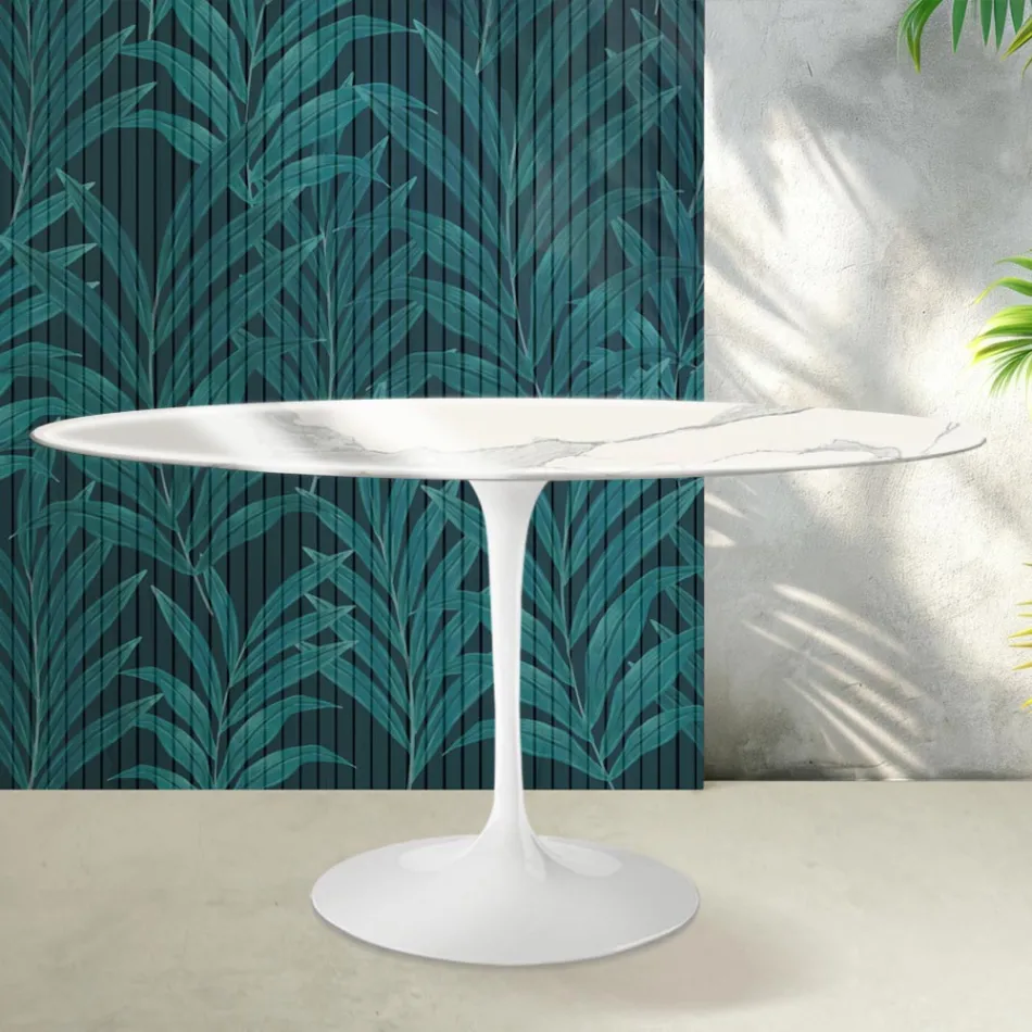 Oval Tulip Saarinen Table H 74 cm in Florim Statuario Lucido Ceramic - Scarlet Viadurini