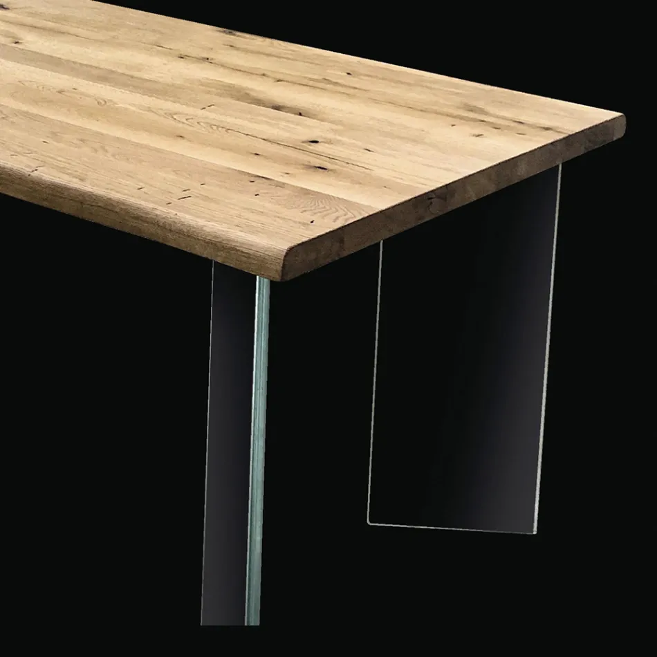 Plated Table in Knotted Masellato Oak and Crystal Made in Italy - Vicente Viadurini