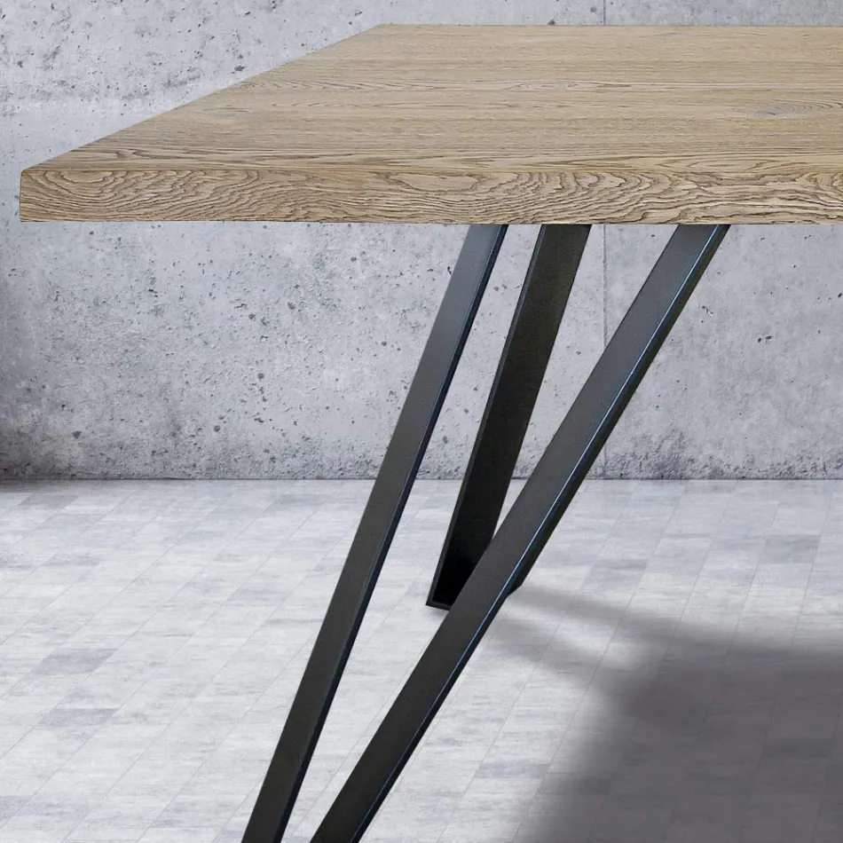 Plated Table in Knotted Masellato Oak and Metal Made in Italy - Luanda Viadurini