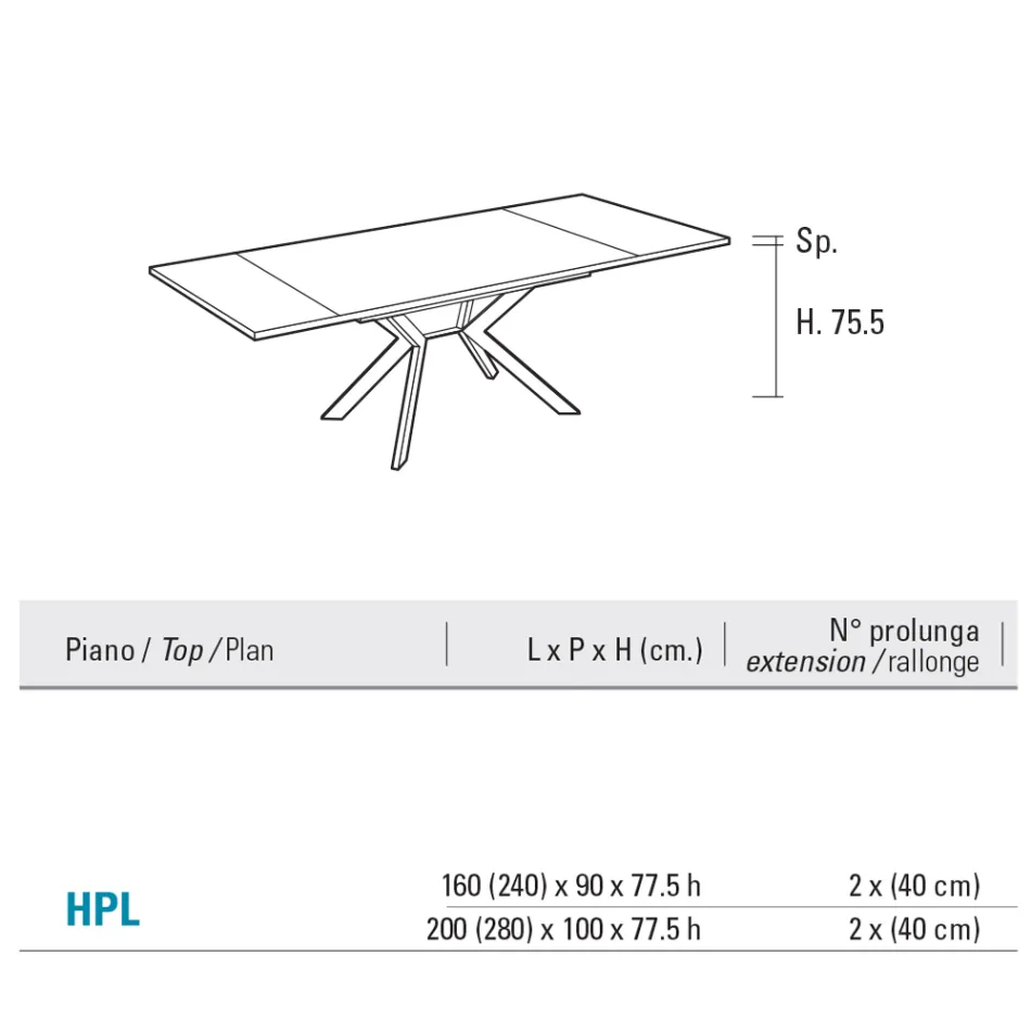 Rectangular Table Extendable to 240 or 280 cm in HPL and Metal - Present Viadurini