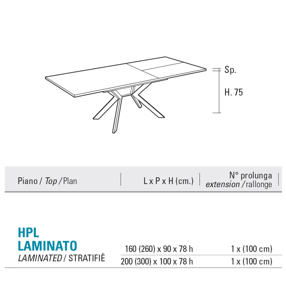 Rectangular Table Extendable to 260 or 300 cm in HPL and Metal - Charmy Viadurini