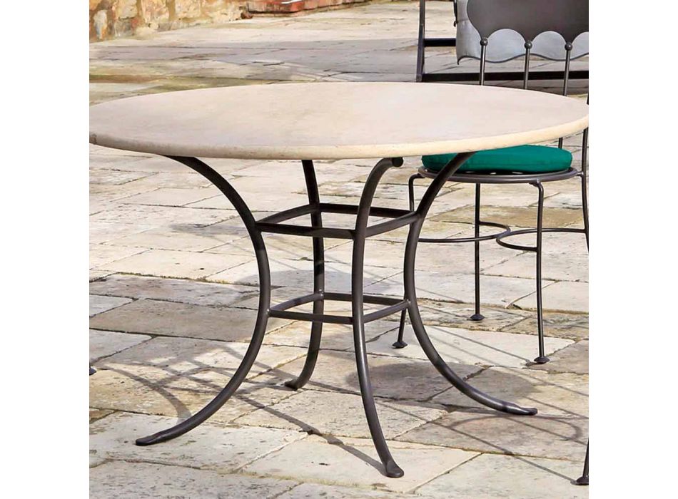 Round Outdoor Table with Travertine Top Made in Italy - Scotland Viadurini