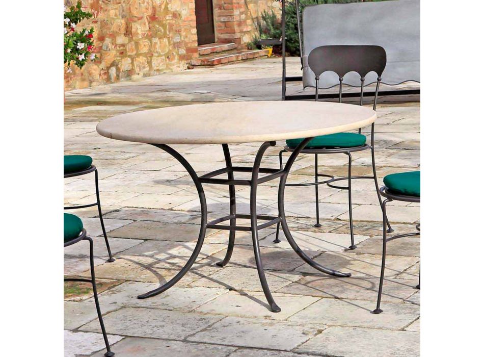 Round Outdoor Table with Travertine Top Made in Italy - Scotland Viadurini