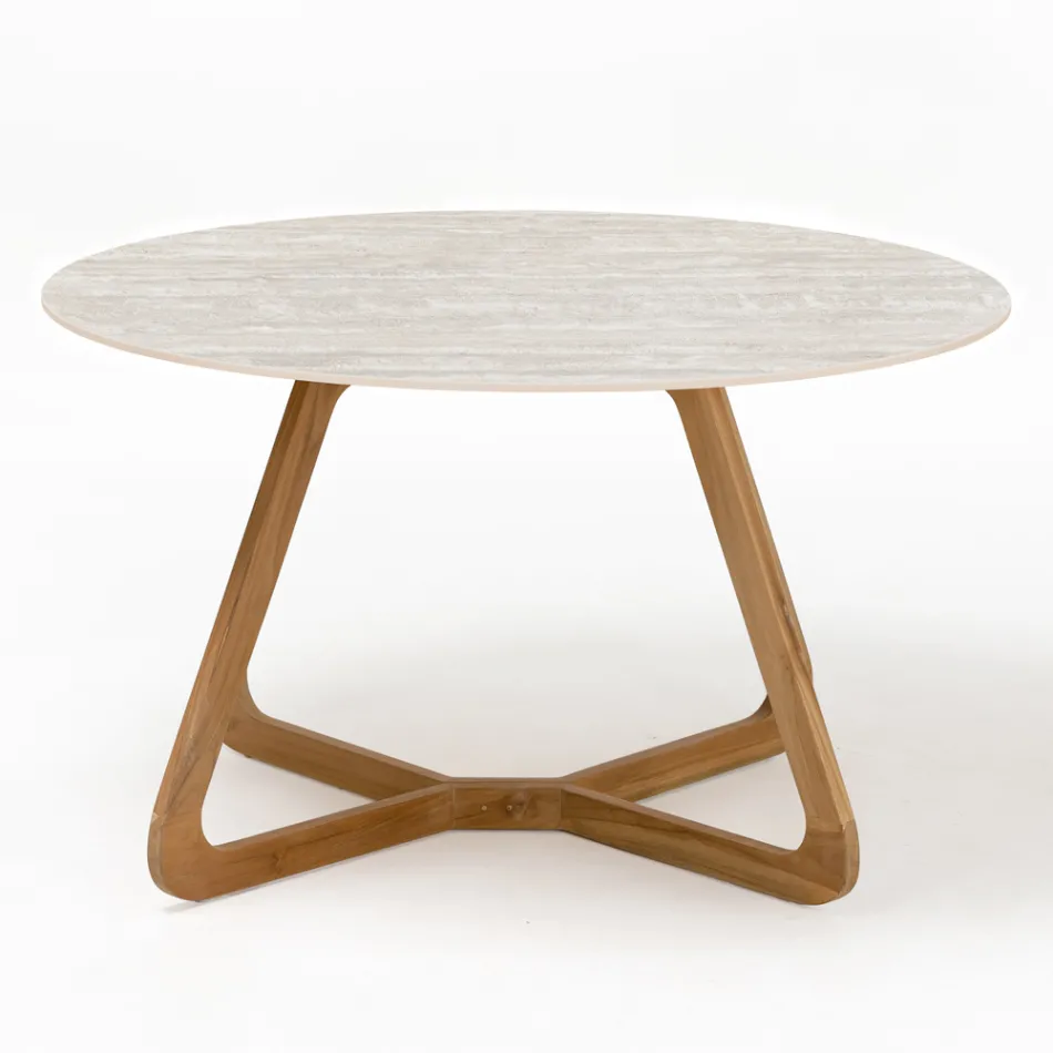 Round Outdoor Table in Light Travertine Ceramic Made in Italy - Pegaso Viadurini