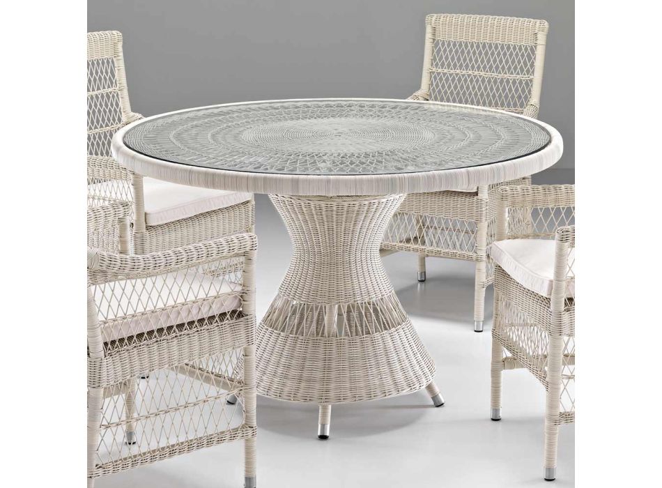 Round Outdoor Table in Polyrattan with Glass Top - Gigi Viadurini