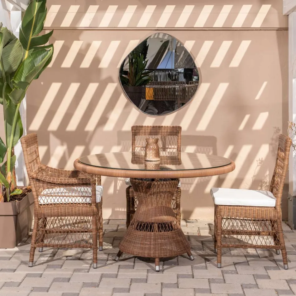 Round Outdoor Table in Polyrattan with Glass Top - Gigi Viadurini