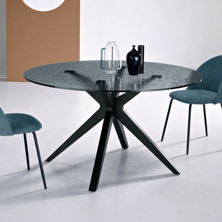 Round Table Diameter 140 cm in Smoked Hammered Glass and Metal - Domus Viadurini
