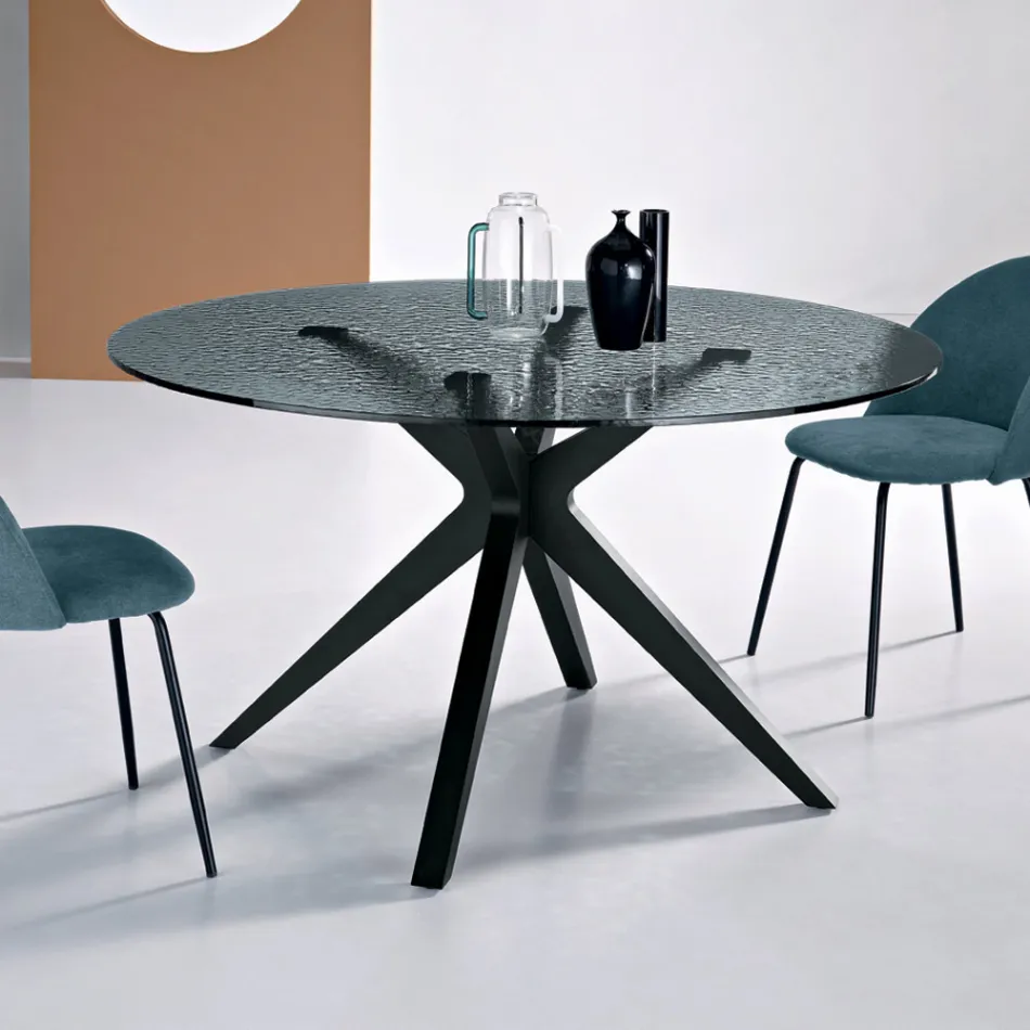 Round Table Diameter 140 cm in Smoked Hammered Glass and Metal - Domus Viadurini