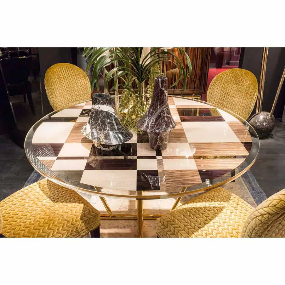 Modeno round table with glass top and Ozzy wood inlays Viadurini