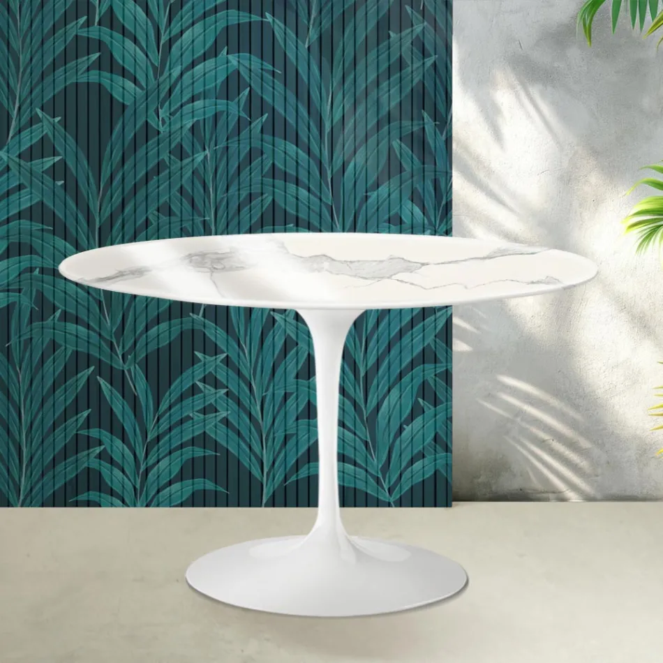 Saarinen Round Tulip Table H 74 cm in Glossy Statuario Florim Ceramic - Scarlet Viadurini