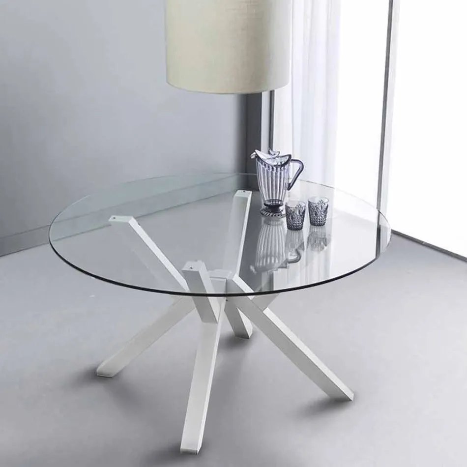 Fixed round table in tempered glass and Burgos white solid beech Viadurini