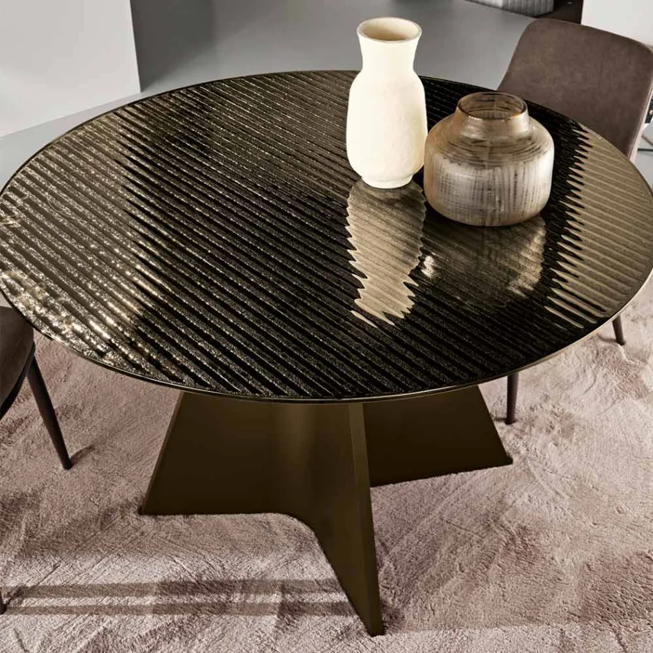Round Table in Back-Silvered Striped Glass in Two Sizes Made in Italy - Armon Viadurini