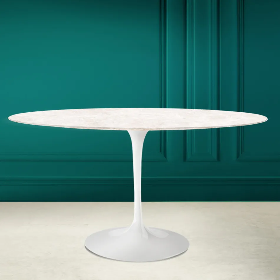 Tulip Table Eero Saarinen H 73 Oval in Diamond Cream Ceramic Made in Italy - Scarlet Viadurini