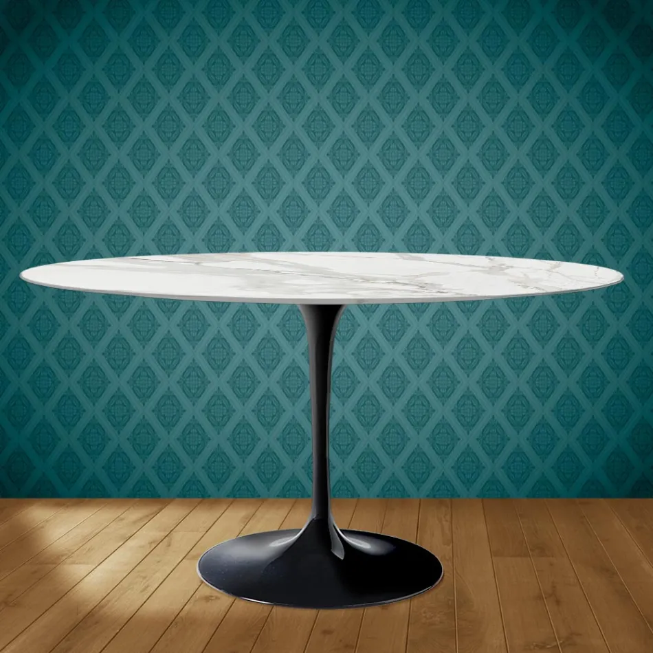 Tulip Table Eero Saarinen H 73 Oval in Ceramic Morpheus Made in Italy - Scarlet Viadurini