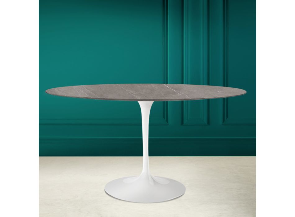 Tulip Table Eero Saarinen H 73 Oval in Gray Stone Ceramic Made in Italy - Scarlet Viadurini