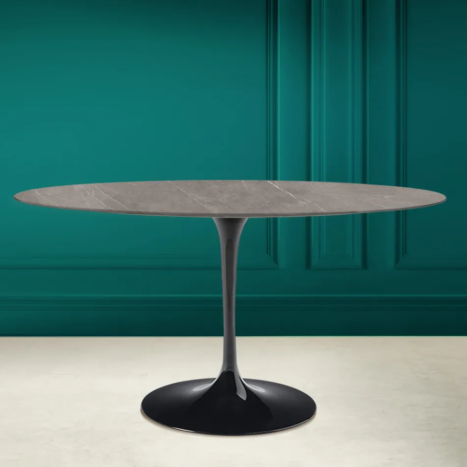 Tulip Table Eero Saarinen H 73 Oval in Ceramic Pietra Grey Made in Italy - Scarlet Viadurini