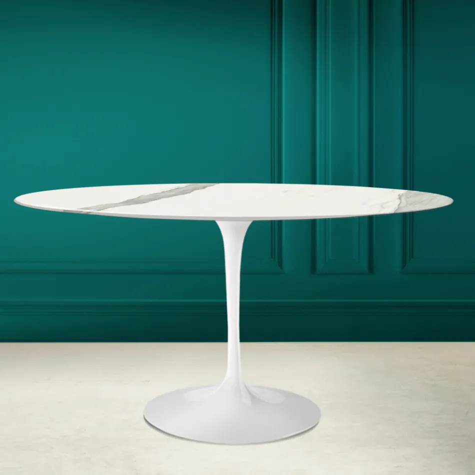 Tulip Table Eero Saarinen H 73 Oval in Statuario Ceramic Full Vein - Scarlet Viadurini