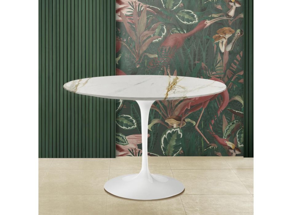Tulip Table Eero Saarinen H 73 Round in Gold Caracatta Marble Made in Italy - Scarlet Viadurini
